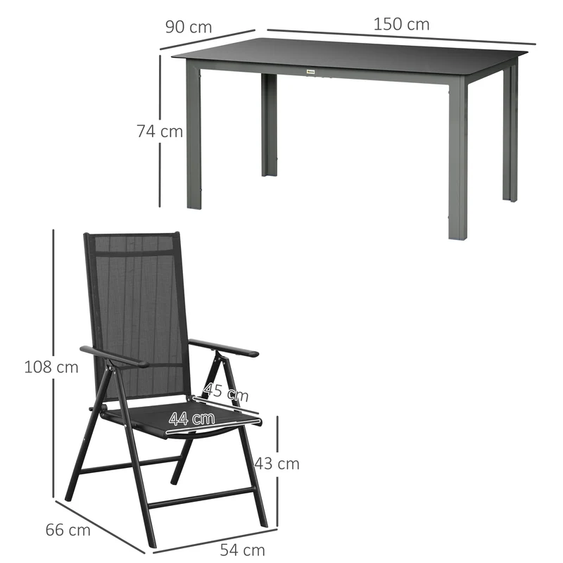 Outsunny Conjunto de Muebles de Jardín de Aluminio 7 Piezas Juego de Comedor Exterior con 6 Sillas Plegables Reclinables Mesa de Vidrio Templado Negro
