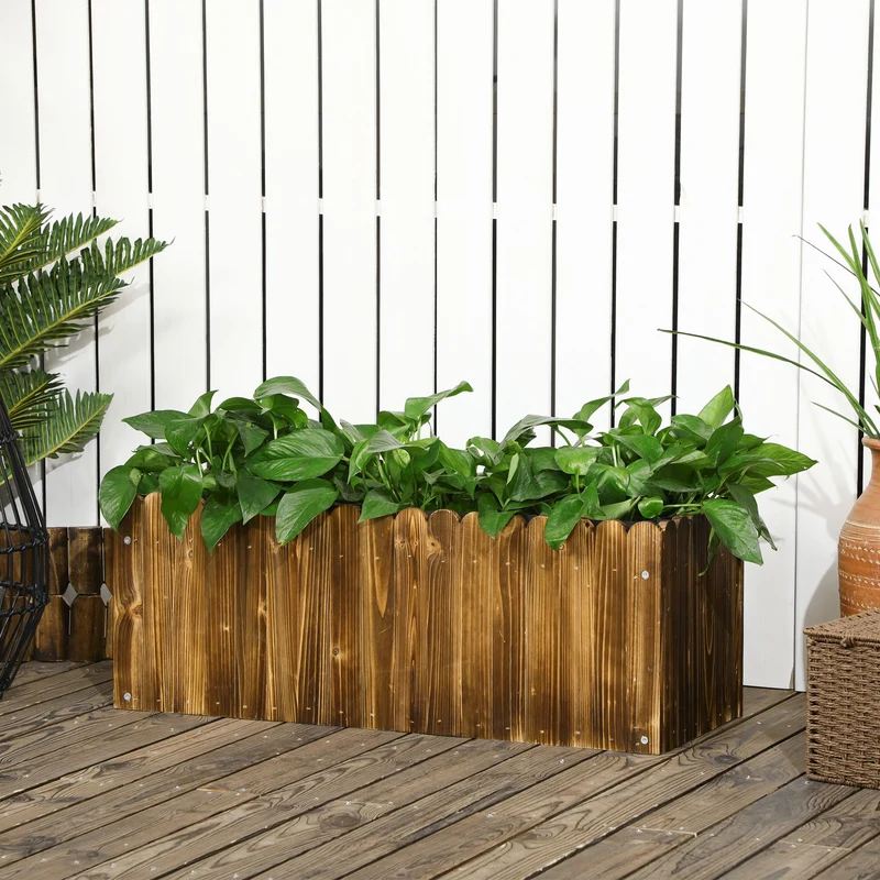 Outsunny Jardinera de Madera Rectangular Macetero de Jardín con Orificio de Drenaje y Tela no Tejida Huerto Urbano para Plantas Flores Hierbas para Terraza Patio 80x30x30 cm Marrón