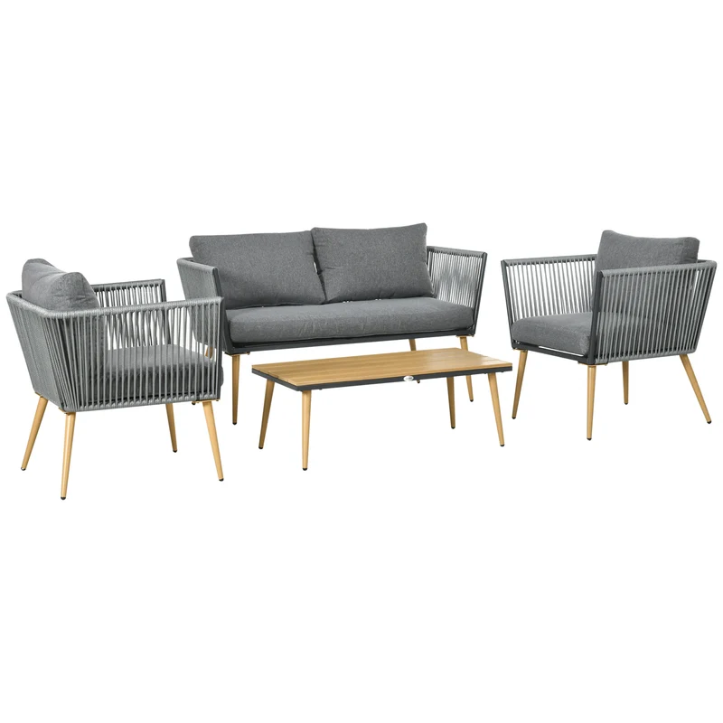 Outsunny Juego de Muebles de Jardín de Ratán 4 Piezas Juego de Conversación Incluye Sofá de 2 Plazas 2 Sillones y Mesa de Centro de Tablero de Madera y Plástico Cojines Anti-UV para Terraza Patio Gris