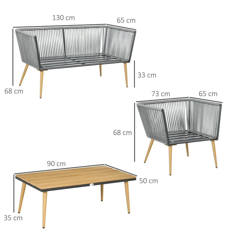 Outsunny Juego de Muebles de Jardín de Ratán 4 Piezas Juego de Conversación Incluye Sofá de 2 Plazas 2 Sillones y Mesa de Centro de Tablero de Madera y Plástico Cojines Anti-UV para Terraza Patio Gris