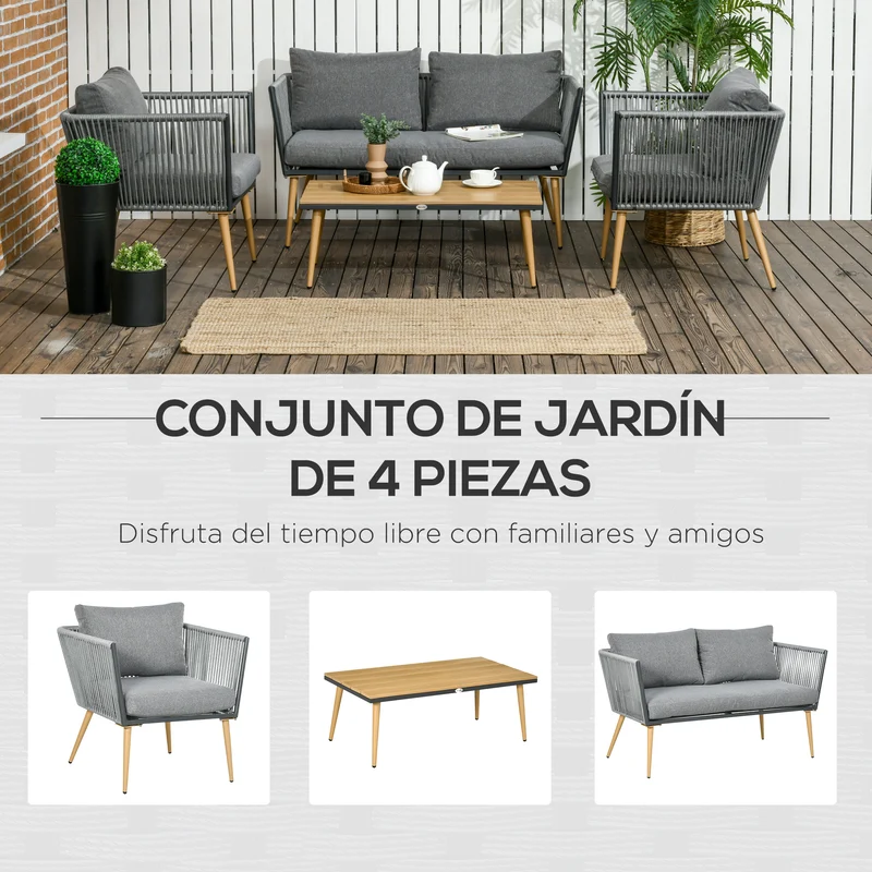 Outsunny Juego de Muebles de Jardín de Ratán 4 Piezas Juego de Conversación Incluye Sofá de 2 Plazas 2 Sillones y Mesa de Centro de Tablero de Madera y Plástico Cojines Anti-UV para Terraza Patio Gris