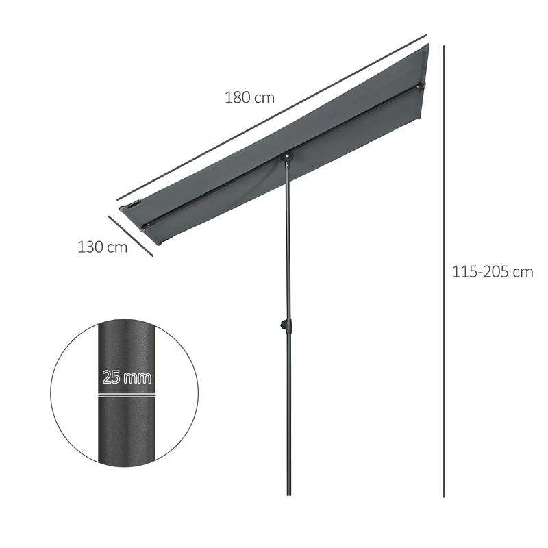Outsunny Sombrilla de Jardín Plana 180x130x115-205 cm Parasol Exterior con Techo Inclinable Altura Ajustable Protección UV30+ y Techo de Ventilación para Patio Balcón Gris