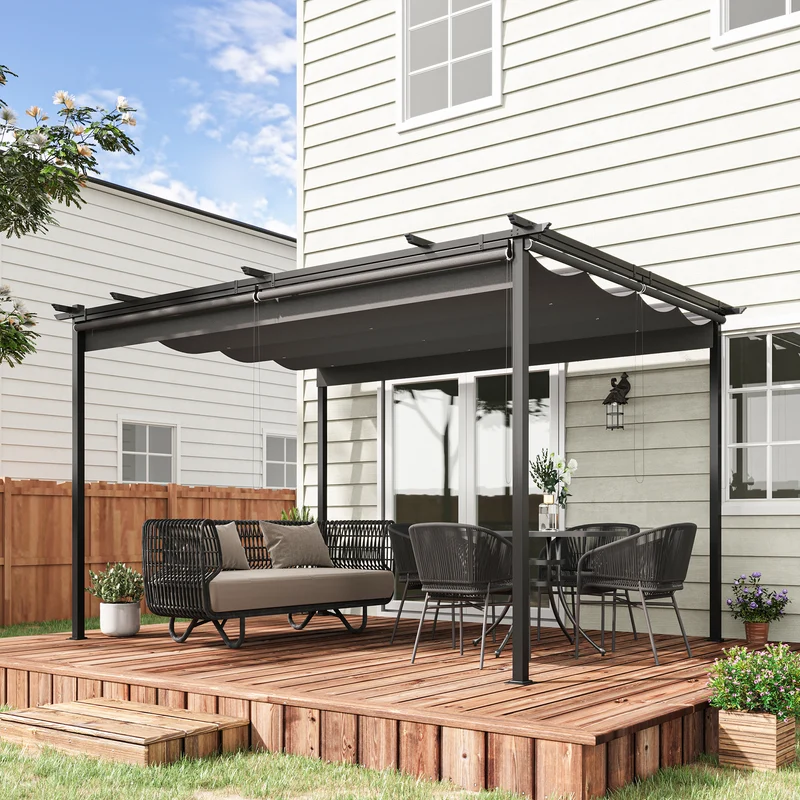 Outsunny Pérgola de Jardín 4x3 m Cenador para Exterior con Techo Retráctil 4 Cortinas Enrollables de Poliéster y Marco de Metal para Patio Terraza Gris Oscuro