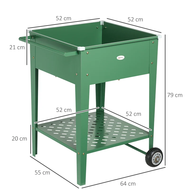 Outsunny Huerto Urbano Elevado con Ruedas Jardinera Exterior de Acero Galvanizado 64x55x79 cm con Estante y Asa Lateral para Cultivo Plantas Flores Verduras Verde
