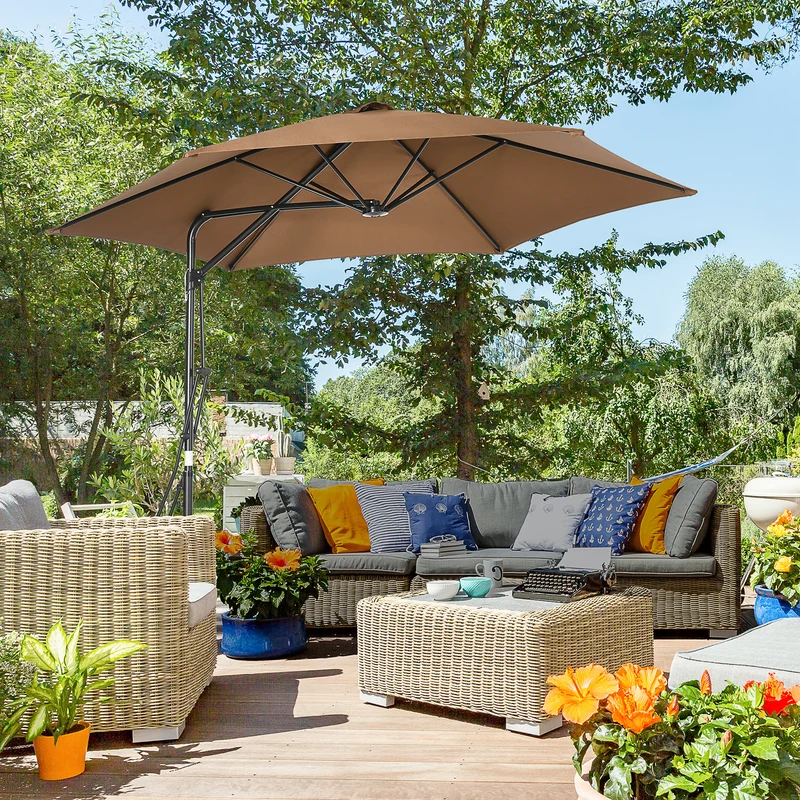 Outsunny Sombrilla Voladizo de Jardín Ø295x245 cm Parasol Excéntrico Manivela Manual con 6 Varillas de Metal Ventilación y Base Cruzada para Patio Terraza Exterior Marrón