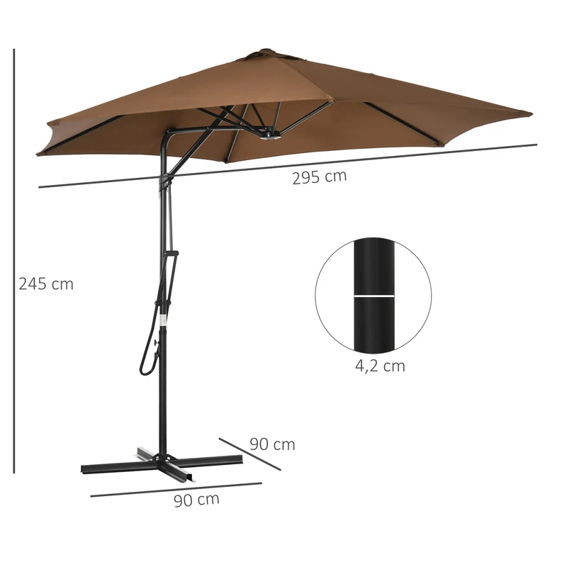 Outsunny Sombrilla Voladizo de Jardín Ø295x245 cm Parasol Excéntrico Manivela Manual con 6 Varillas de Metal Ventilación y Base Cruzada para Patio Terraza Exterior Marrón