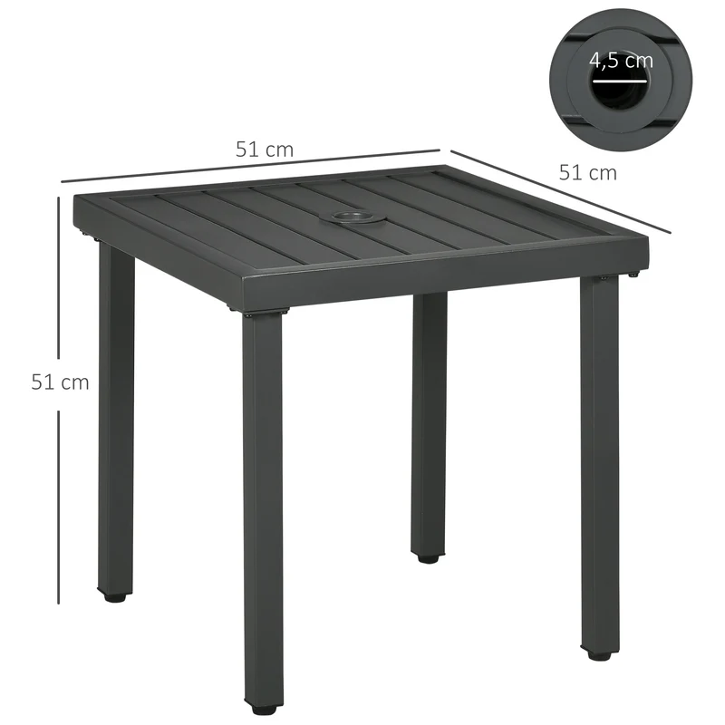 Outsunny Mesa de Jardín Cuadrada Mesa de Centro de Patio con Orificio para Sombrillas de Ø45 mm Mesa Auxiliar con Marco de Acero 51x51x51 cm Gris
