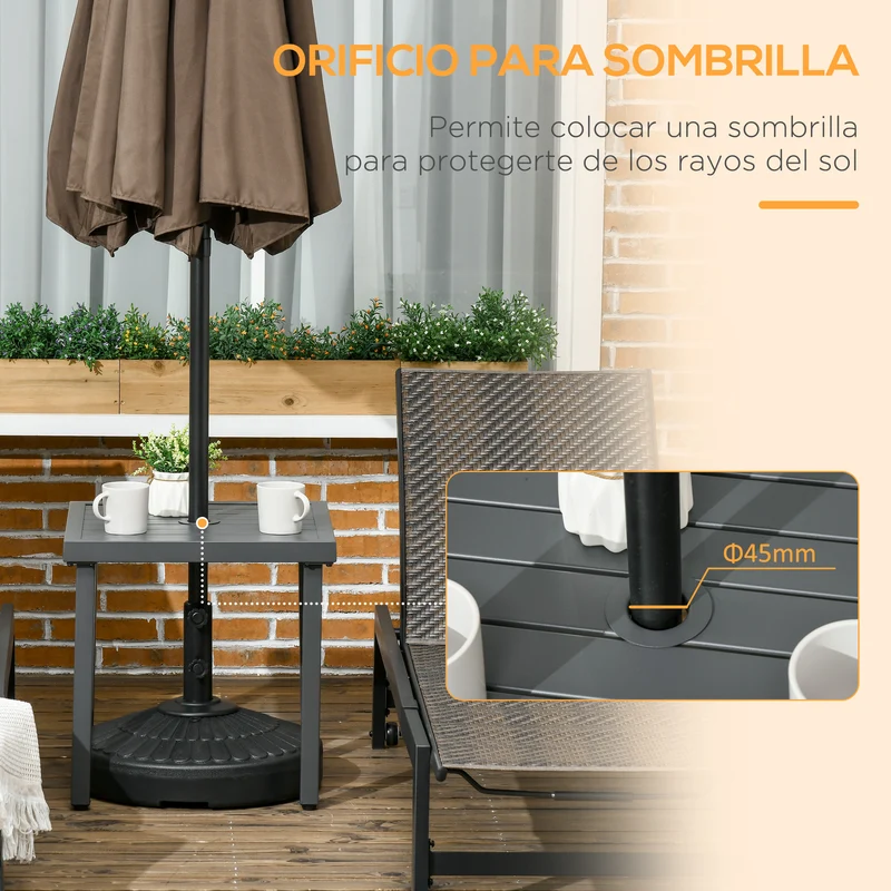 Outsunny Mesa de Jardín Cuadrada Mesa de Centro de Patio con Orificio para Sombrillas de Ø45 mm Mesa Auxiliar con Marco de Acero 51x51x51 cm Gris