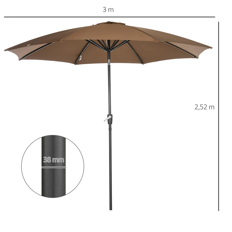Outsunny Sombrilla de Jardín Ø300x252 cm Parasol de Terraza con Manivela Techo Inclinable y 8 Varillas de Metal para Patio Balcón Exterior Marrón