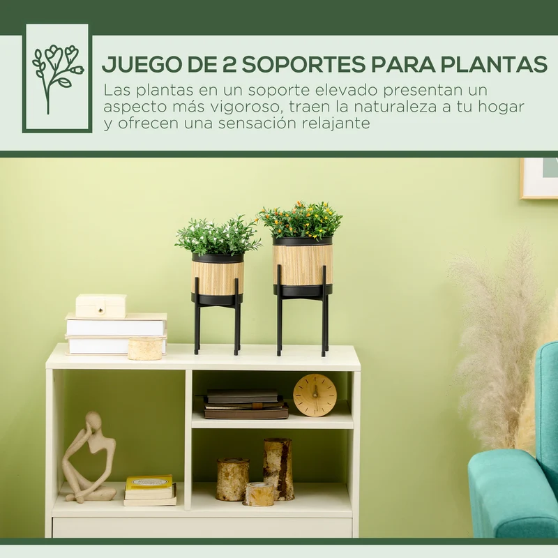 Outsunny Juego de 2 Soportes para Plantas de Metal Cubierta de Totora Soportes para Macetas Maceteros Redondos para Salón Cocina Dormitorio Ø16x30 cm y Ø14x25,5 cm Negro
