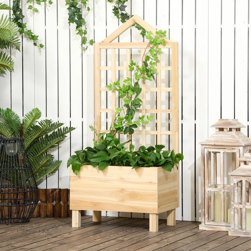 Outsunny Jardinera de Madera con Enrejado Jardinera con Celosía Arriate de Jardín con Tela no Tejida y 2 Orificios de Drenaje para Cultivos Verduras Flores en Exterior 60x43x147 cm Natural