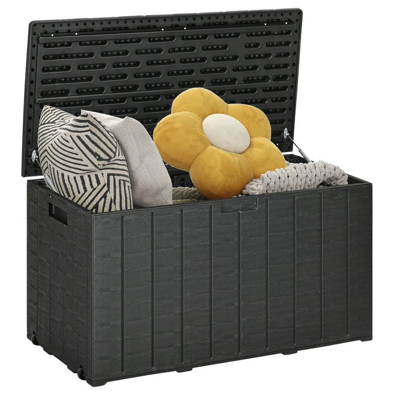 Outsunny Baúl de Almacenamiento Exterior 366L Arcón para Jardín de Plástico de Doble Pared Impermeable Anti-UV con Ruedas y Asas para Terraza Patio Carga 100 kg 122,4x62x64,5 cm Negro