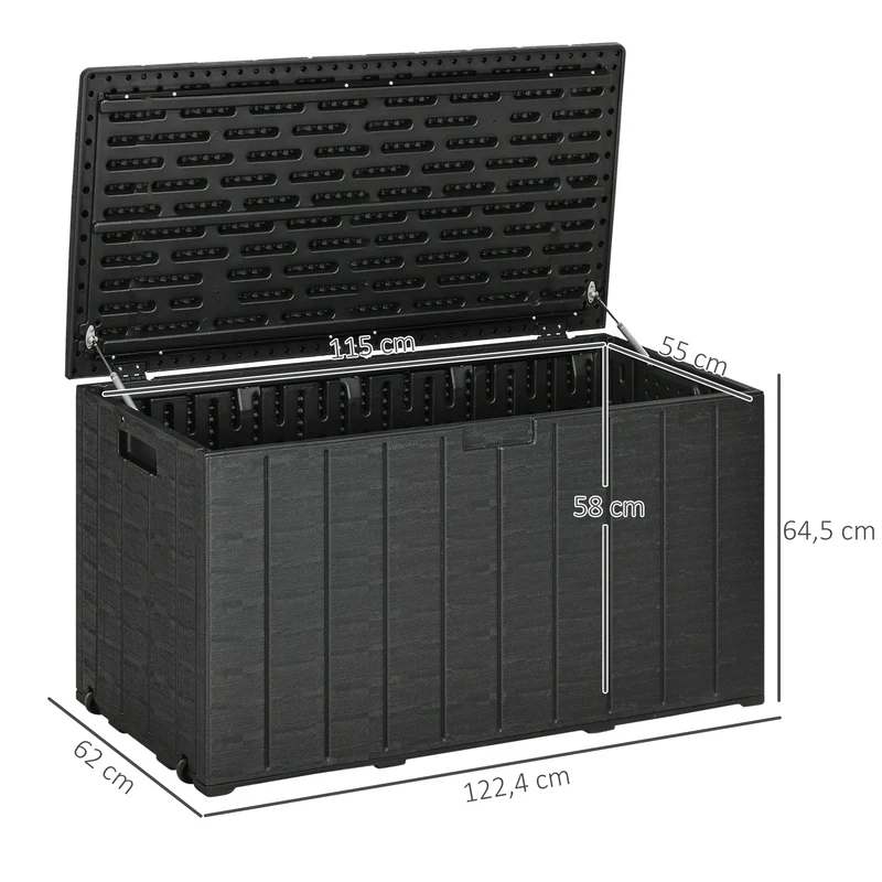 Outsunny Baúl de Almacenamiento Exterior 366L Arcón para Jardín de Plástico de Doble Pared Impermeable Anti-UV con Ruedas y Asas para Terraza Patio Carga 100 kg 122,4x62x64,5 cm Negro