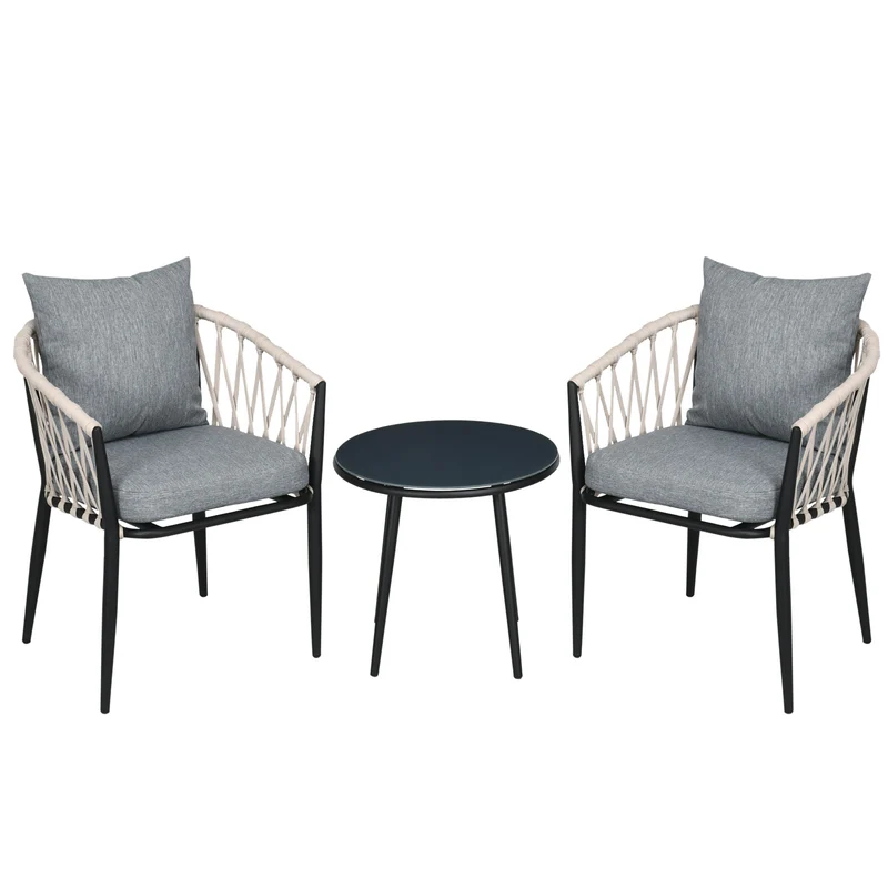 Outsunny Conjunto de Muebles de Jardín 3 Piezas Juego de Muebles de Terraza Incluye Mesa con Encimera de Vidrio Templado y 2 Sillones con Cojines Reposabrazos de Cuerda Polipropileno Gris