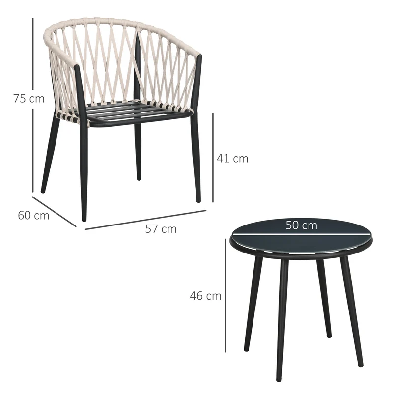 Outsunny Conjunto de Muebles de Jardín 3 Piezas Juego de Muebles de Terraza Incluye Mesa con Encimera de Vidrio Templado y 2 Sillones con Cojines Reposabrazos de Cuerda Polipropileno Gris