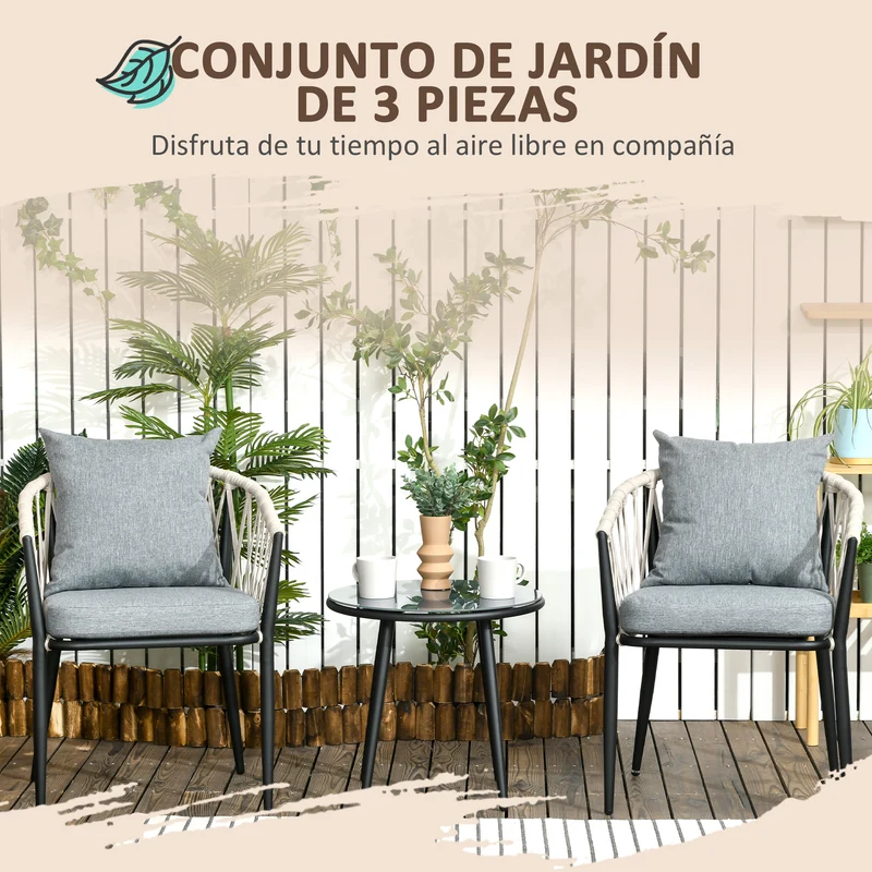 Outsunny Conjunto de Muebles de Jardín 3 Piezas Juego de Muebles de Terraza Incluye Mesa con Encimera de Vidrio Templado y 2 Sillones con Cojines Reposabrazos de Cuerda Polipropileno Gris