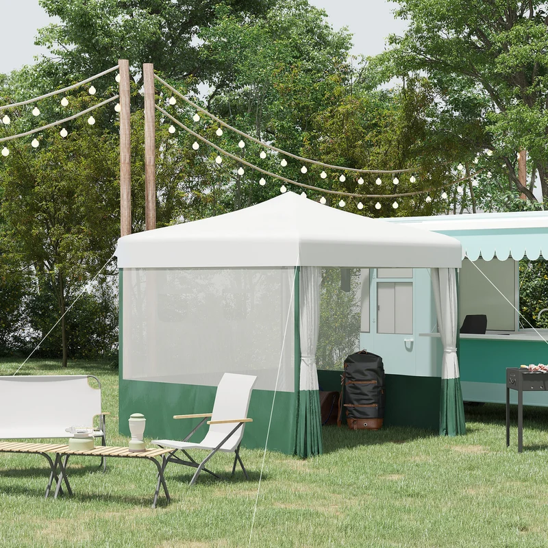 Outsunny Carpa Plegable 3x3 m Cenador de Jardín con Paredes Laterales Altura Ajustable Anti-UV Impermeable 2 Ventanas y Bolsa de Transporte Gazebo para Exterior Fiestas Blanco y Verde