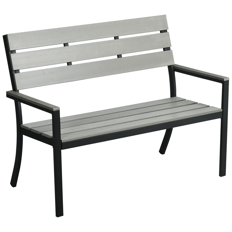 Outsunny Banco de Jardín de 2 Plazas de Plástico Banco para Exterior con Respaldo Reposabrazos y Marco de Acero para Terraza Balcón Porche Carga 240 kg 122x65x92 cm Gris