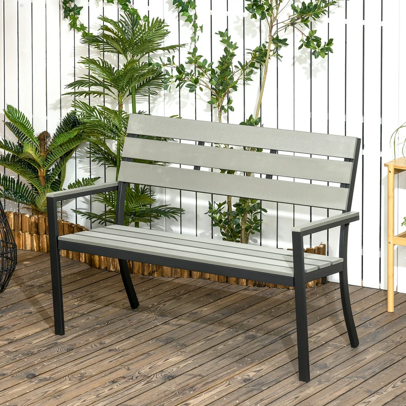 Outsunny Banco de Jardín de 2 Plazas de Plástico Banco para Exterior con Respaldo Reposabrazos y Marco de Acero para Terraza Balcón Porche Carga 240 kg 122x65x92 cm Gris