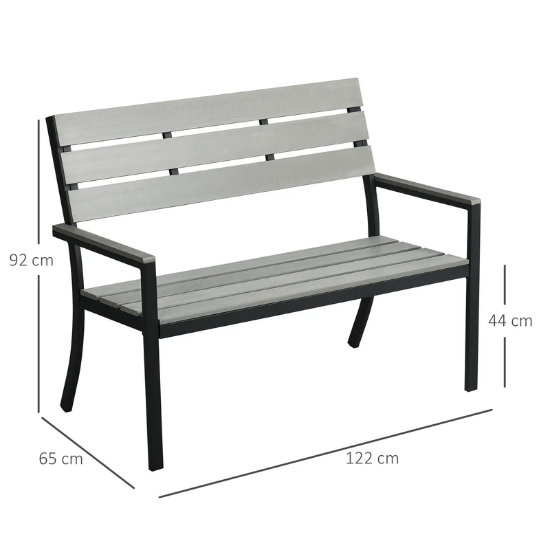 Outsunny Banco de Jardín de 2 Plazas de Plástico Banco para Exterior con Respaldo Reposabrazos y Marco de Acero para Terraza Balcón Porche Carga 240 kg 122x65x92 cm Gris