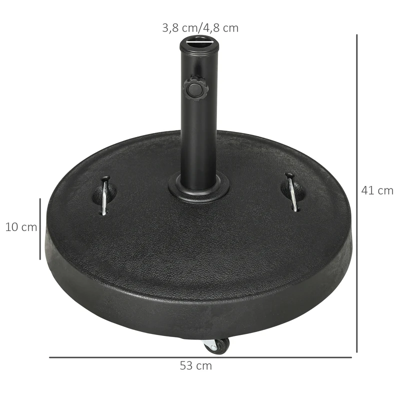 Outsunny Base de Sombrilla de Jardín de Resina de 23,5 kg con Ruedas y Asa Retráctil Soporte de Parasol Cuadrado para Postes de Ø38/48 mm para Terraza Patio Ø53x41 cm Negro