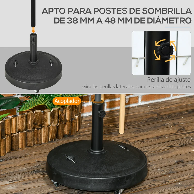 Outsunny Base de Sombrilla de Jardín de Resina de 23,5 kg con Ruedas y Asa Retráctil Soporte de Parasol Cuadrado para Postes de Ø38/48 mm para Terraza Patio Ø53x41 cm Negro