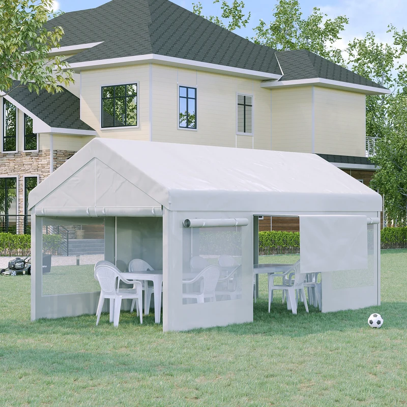 Outsunny Carpa de Jardín 6x3 m Carpa para Fiestas Cenador de Exterior con 3 Puertas Extraíbles Ventanas de Malla Enrollables para Terraza Bodas Eventos Blanco