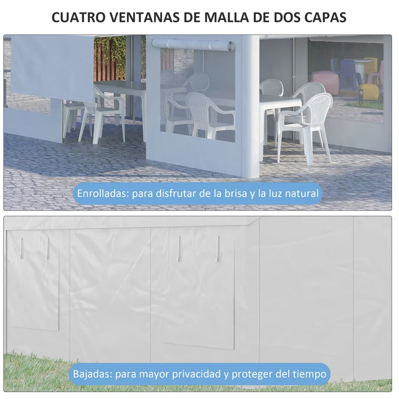 Outsunny Carpa de Jardín 6x3 m Carpa para Fiestas Cenador de Exterior con 3 Puertas Extraíbles Ventanas de Malla Enrollables para Terraza Bodas Eventos Blanco