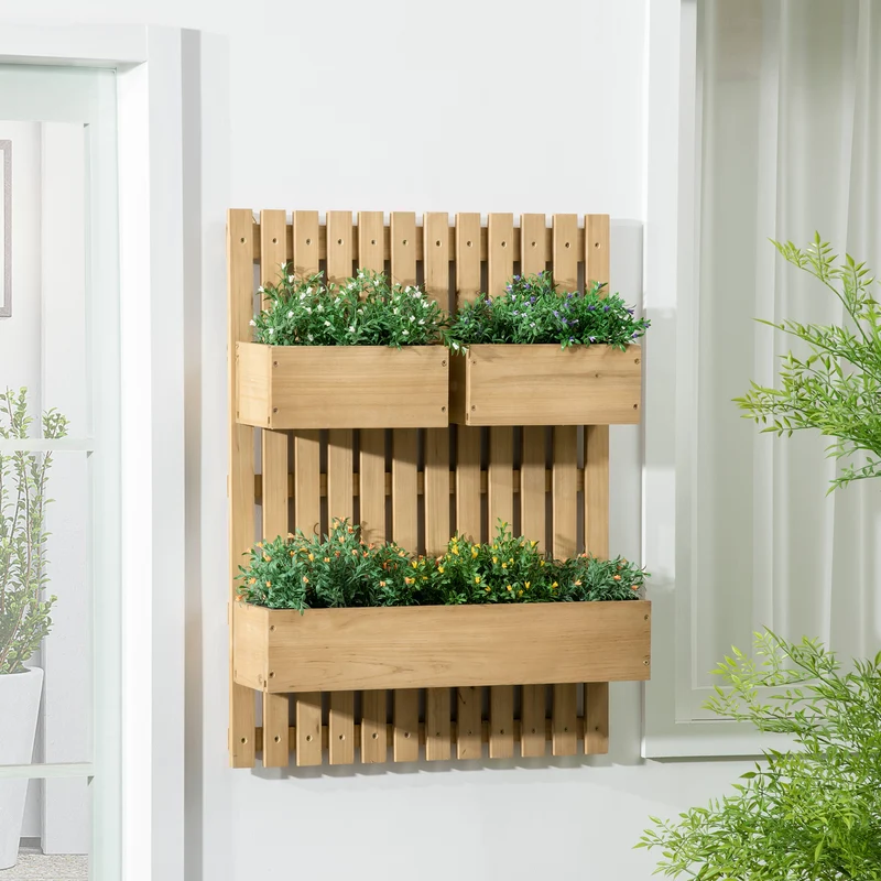 Outsunny Jardinera de Pared con Enrejado Jardinera Vertical de Madera con 3 Macetas Móviles y Orificio de Drenaje para Exterior Jardín Terraza Patio 60x16x80 cm Natural