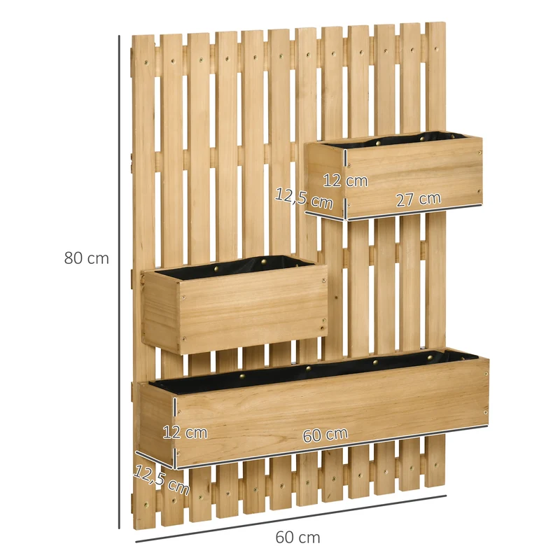 Outsunny Jardinera de Pared con Enrejado Jardinera Vertical de Madera con 3 Macetas Móviles y Orificio de Drenaje para Exterior Jardín Terraza Patio 60x16x80 cm Natural