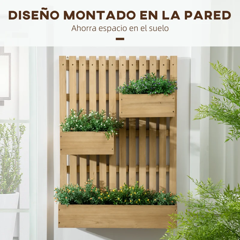 Outsunny Jardinera de Pared con Enrejado Jardinera Vertical de Madera con 3 Macetas Móviles y Orificio de Drenaje para Exterior Jardín Terraza Patio 60x16x80 cm Natural