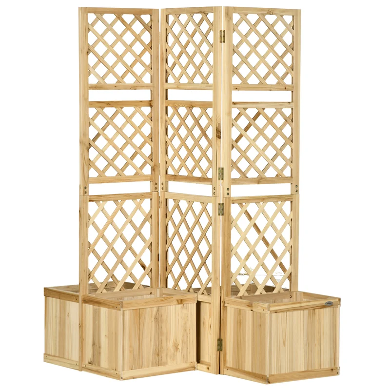 Outsunny Biombo Exterior de 3 Paneles de Madera con 4 Macetas Pantalla de Privacidad de Jardín con Orificios de Drenaje Separador de Ambientes para Terraza Patio 133x62x165 cm Natural