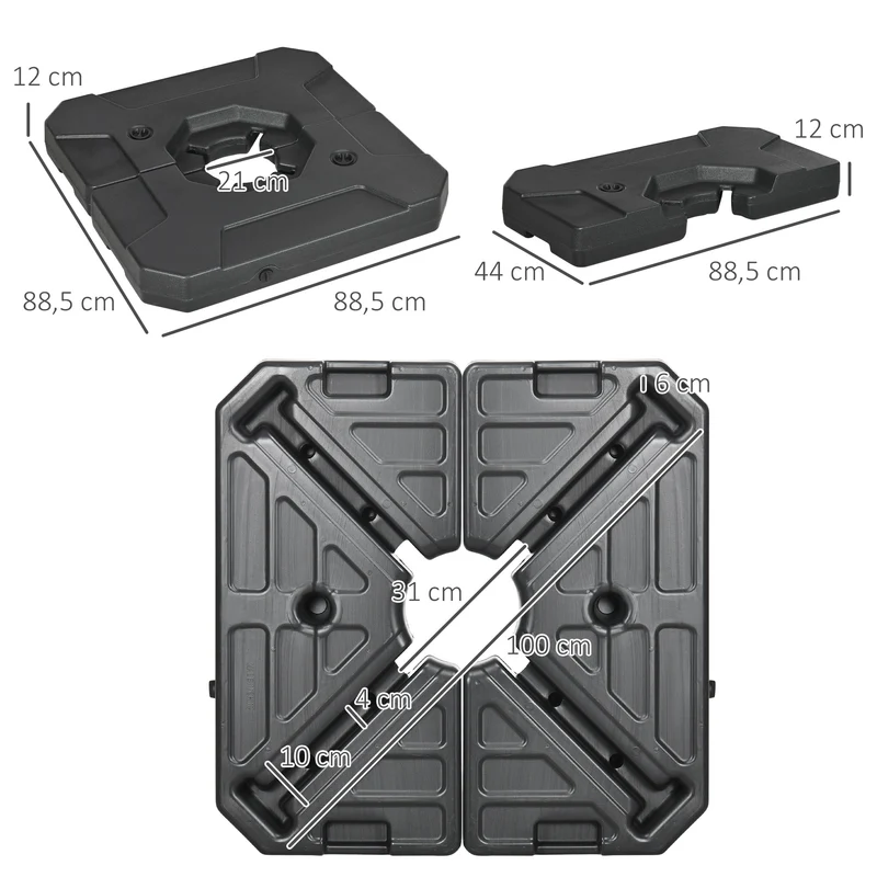 Outsunny 2 Pesos para Base de Sombrilla Rellenable de Arena 110 kg o Agua 70 kg para Base Cruzada de Parasol Sombrilla Cantilever para Jardín Terraza Exterior 88,5x88,5x12 cm Negro