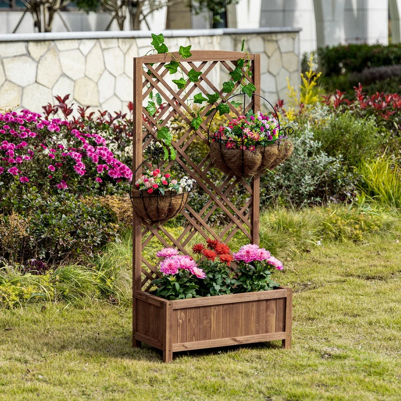 Outsunny Jardinera con Enrejado Jardinera con Celosía de Madera Macetero con Soporte para Trepadora Cultivos Plantas en Exterior Terraza Jardín Balcón 60x30x122,5 cm Natural