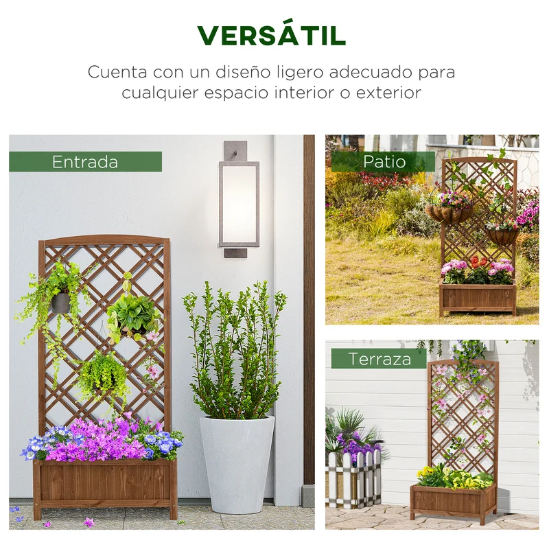 Outsunny Jardinera con Enrejado Jardinera con Celosía de Madera Macetero con Soporte para Trepadora Cultivos Plantas en Exterior Terraza Jardín Balcón 60x30x122,5 cm Natural