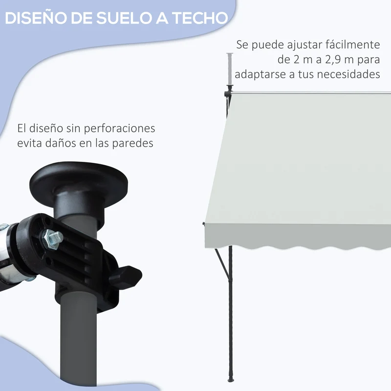 Outsunny Toldo Manual Retráctil 3x1,75 m Toldo Exterior Terraza Enrollable Altura Ajustable con Manivela 210-310 cm Sin Taladro para Balcón Jardín Crema