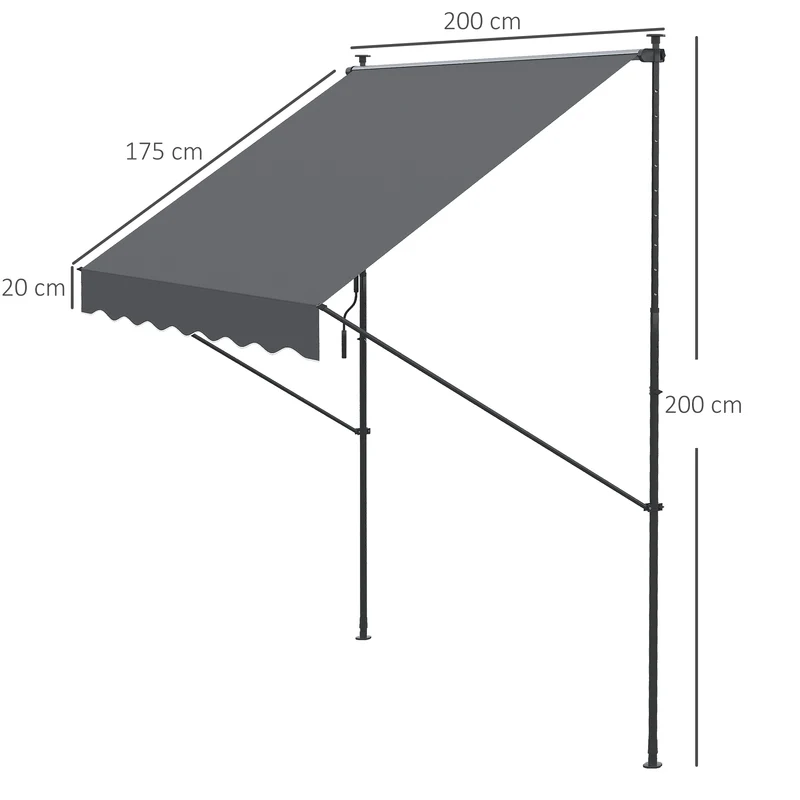 Outsunny Toldo Manual Retráctil 200x1,75 m Toldo Exterior Terraza Enrollable Altura Ajustable con Manivela 210-310 cm Sin Taladro para Balcón Jardín Gris