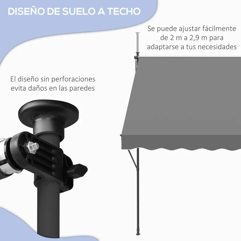 Outsunny Toldo Manual Retráctil Toldo para Balcón con Altura Ajustable Manivela y Protección Solar para Terraza Jardín Gris