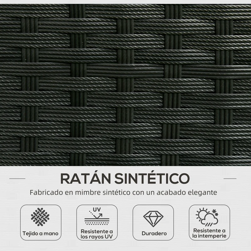 Outsunny Conjunto de Muebles de Ratán de Jardín 3 Piezas Muebles de Ratán Exterior Sofá de 3 Plazas con Cojines Acolchados Mesa de Centro con Tablero de Vidrio Templado y Reposapiés Anti-UV Negro