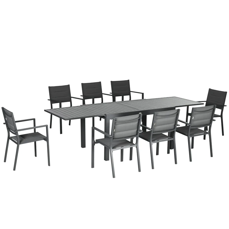 Outsunny Conjunto de Muebles de Jardín de 9 Piezas Marco de Aluminio Juegos de Comedor de Jardín con Mesa Extensible y 8 Sillas Apilables para Terraza Patio Gris