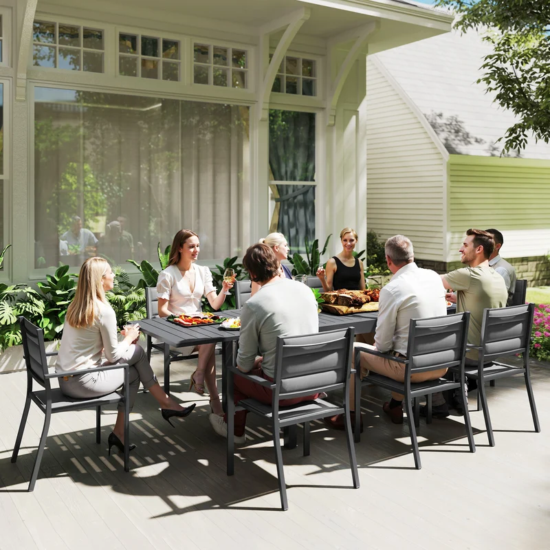Outsunny Conjunto de Muebles de Jardín de 9 Piezas Marco de Aluminio Juegos de Comedor de Jardín con Mesa Extensible y 8 Sillas Apilables para Terraza Patio Gris