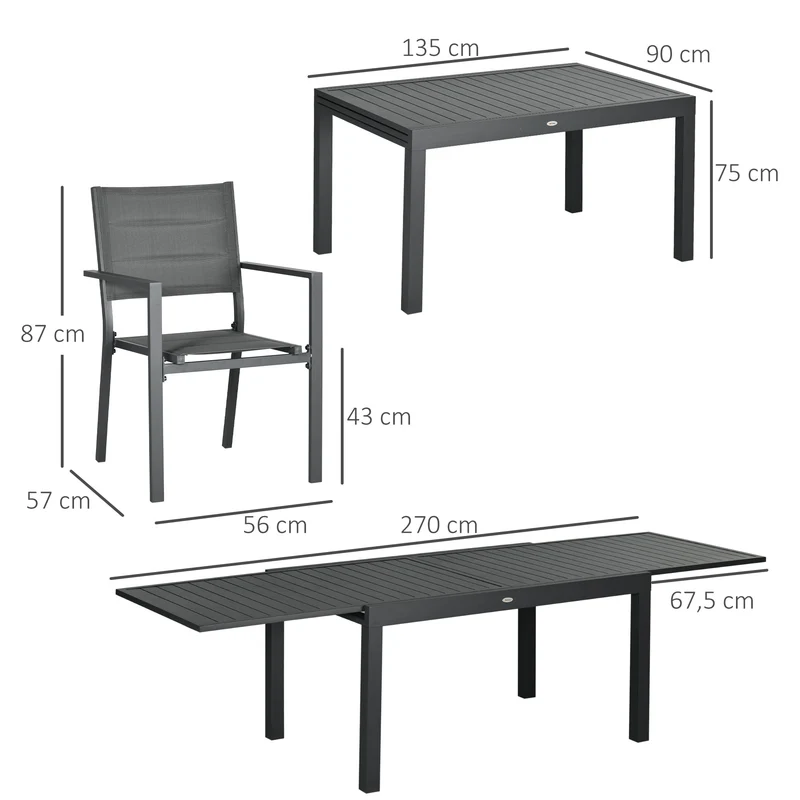 Outsunny Conjunto de Muebles de Jardín de 9 Piezas Marco de Aluminio Juegos de Comedor de Jardín con Mesa Extensible y 8 Sillas Apilables para Terraza Patio Gris