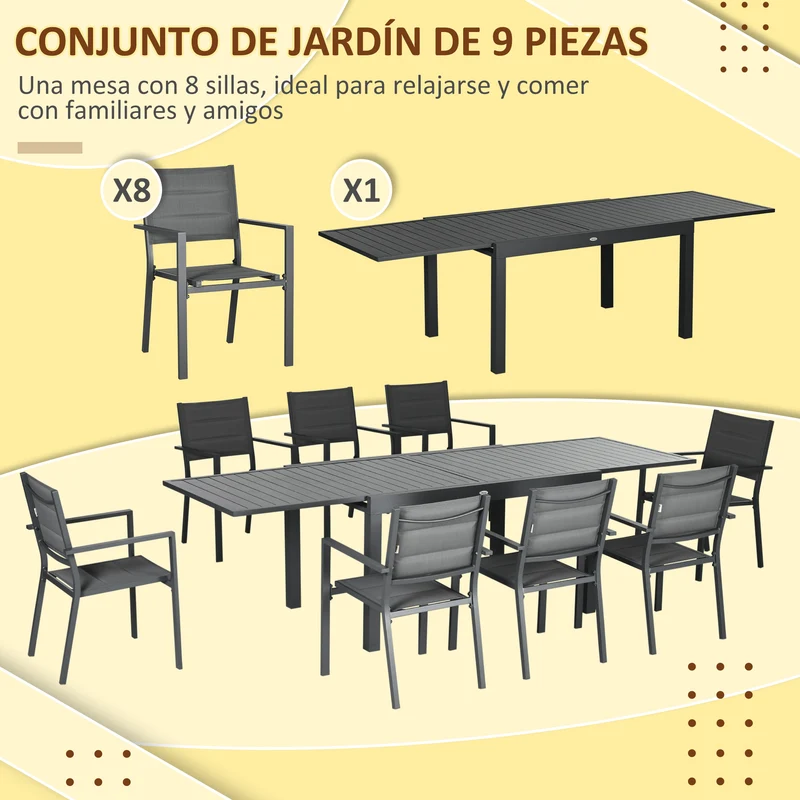 Outsunny Conjunto de Muebles de Jardín de 9 Piezas Marco de Aluminio Juegos de Comedor de Jardín con Mesa Extensible y 8 Sillas Apilables para Terraza Patio Gris