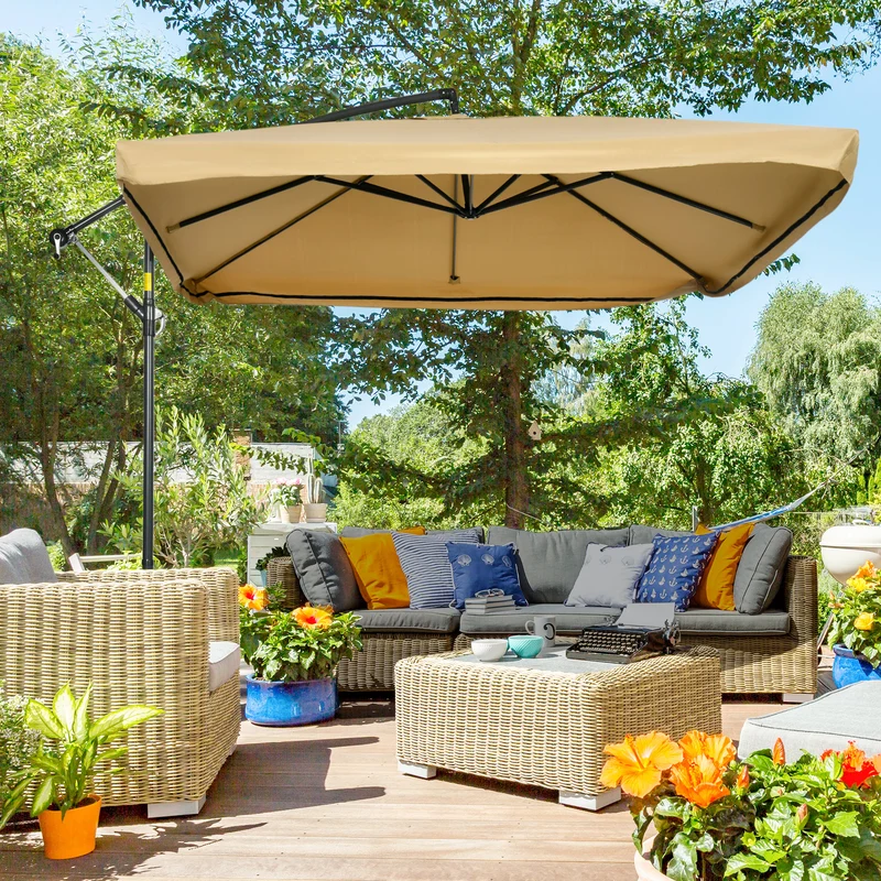 Outsunny Parasol Excéntrico Ø 295 cm Sombrilla de Jardín con Ángulo Ajustable Mosquiteras Base Cruzada y Manivela para Terraza Patio Exterior Beige