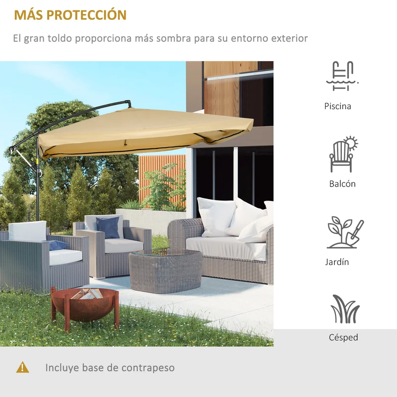 Outsunny Parasol Excéntrico Ø 295 cm Sombrilla de Jardín con Ángulo Ajustable Mosquiteras Base Cruzada y Manivela para Terraza Patio Exterior Beige