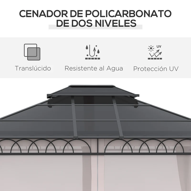 Outsunny Cenador para Jardín 3,6x3 m con Marco de Alumnio Pabellón para Exterior con Techo de Policarbonato Anti-UV Gazebo para Fiestas Eventos Caqui