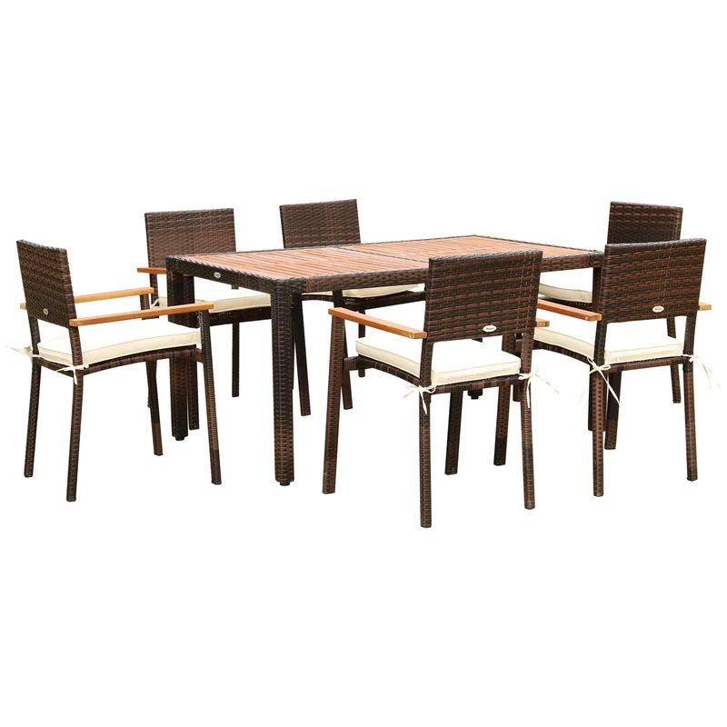 Outsunny Conjunto Muebles de Ratán Sintético para Jardín 7 Piezas Juego de Comedor de Mimbre para Exteriores con 6 Sillas con Cojines y Mesa 150x90x74 cm y 50x55x88 cm Marrón
