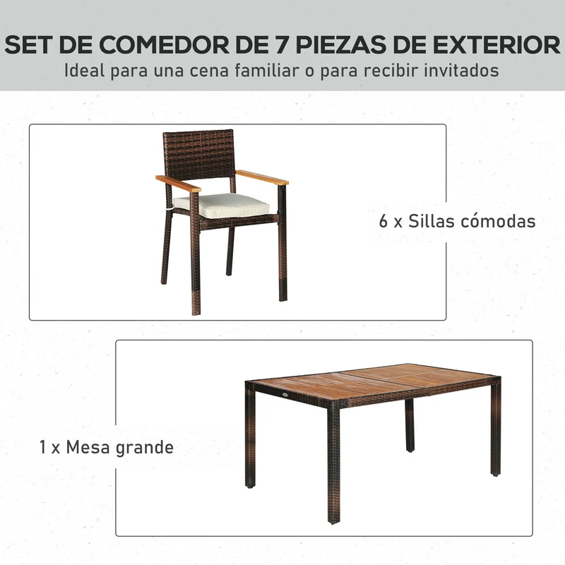 Outsunny Conjunto Muebles de Ratán Sintético para Jardín 7 Piezas Juego de Comedor de Mimbre para Exteriores con 6 Sillas con Cojines y Mesa 150x90x74 cm y 50x55x88 cm Marrón