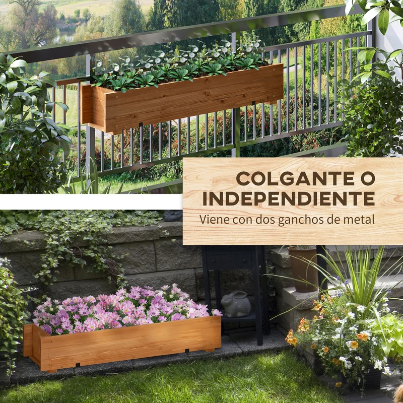 Outsunny Arriate de Madera de Suelo o Pared Jardinera Rectangular Huerto Urbano con 2 Orificios de Drenaje y 2 Ganchos para Cultivos Plantas Flores en Balcón Jardín Terraza 91x18x16,5 cm Natural