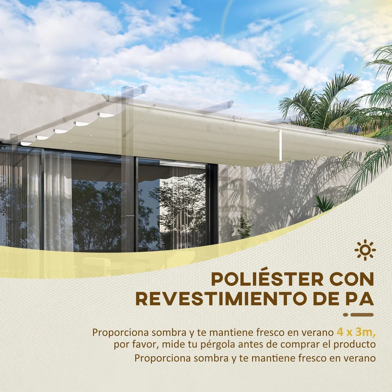 Outsunny Techo de Pérgola 3,5x2,6 m Techo de Repuesto Retráctil para Sombrilla Toldo de Tela para Cenador Jardín con 10 Orificios de Drenaje Crema